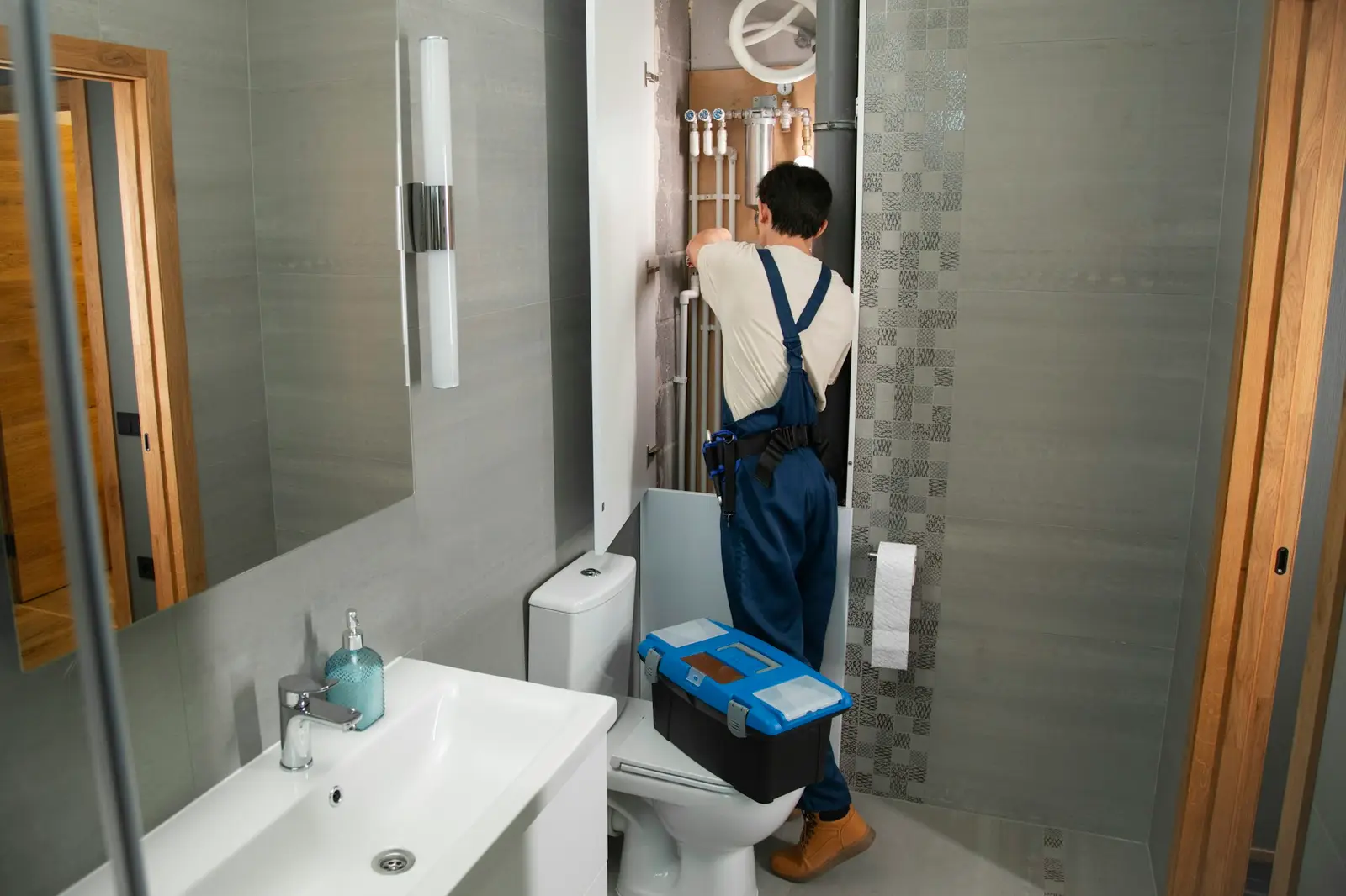 A plumber repairing fixtures in a bathroom