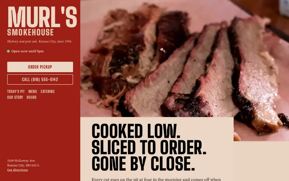 Homepage of Murl's Smokehouse, a sample restaurant website